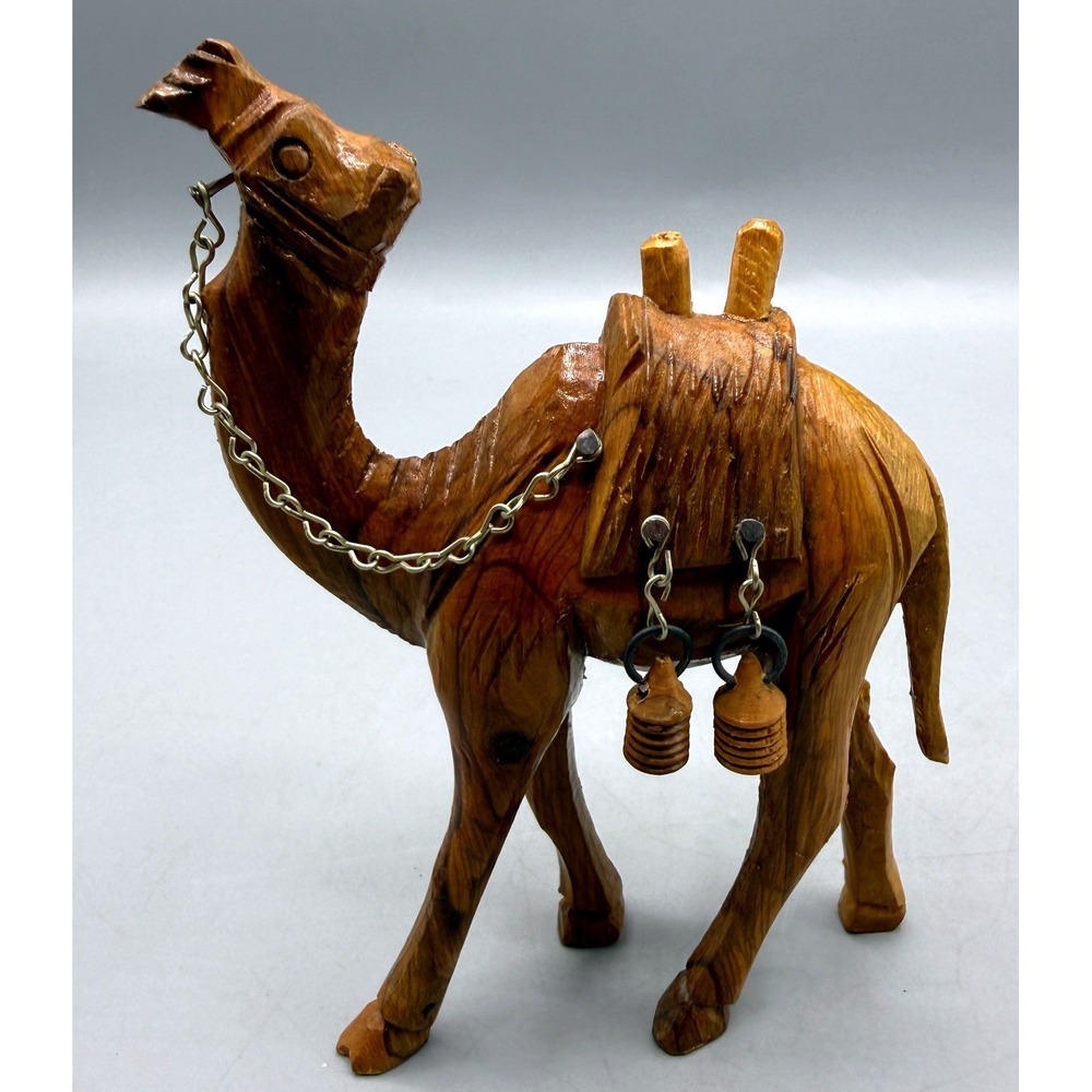 Vintage Hand Carved Wood Camel Figurine Standing Dromedary with Chain & Bells
